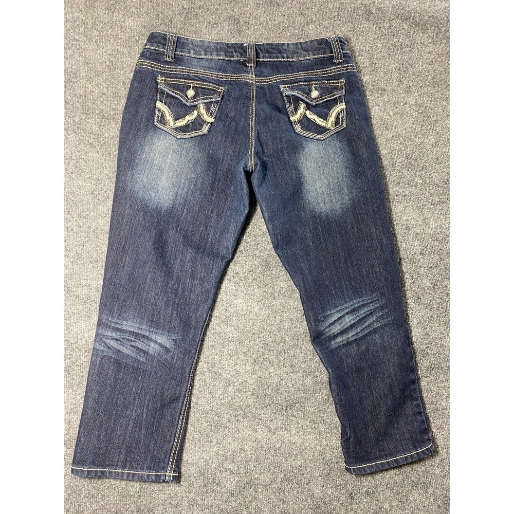 Bongo Denim Capris Distressed Rhinestone Embroidered Flap Pockets Blue Junior 11